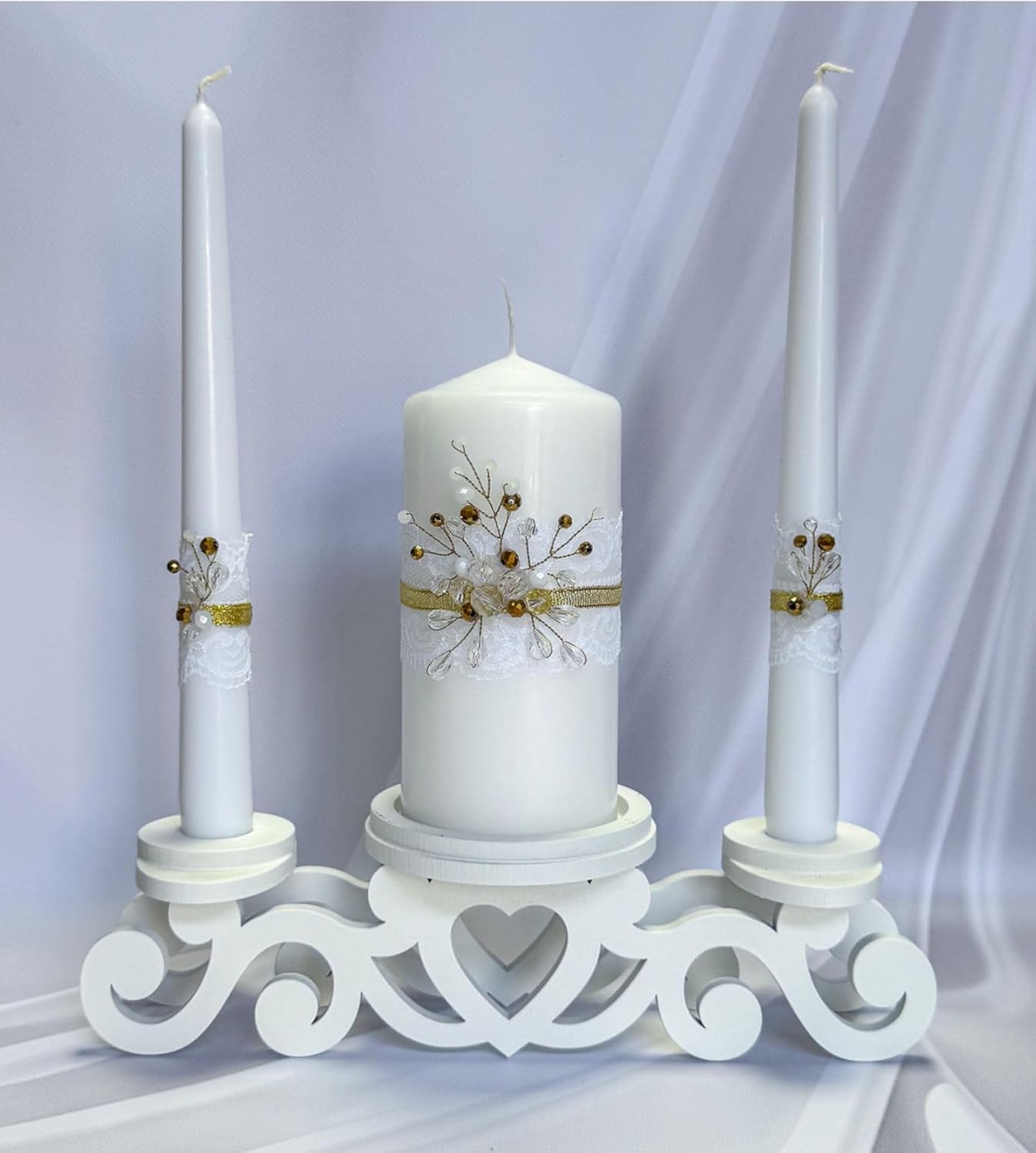 Unity Candle Set - Wedding Ceremony & Reception – 6” Pillar & Two 10” Taper Candles – Long Burning Unity Candles for Marriage Ritual – Handmade in USA – Diamond |Gold