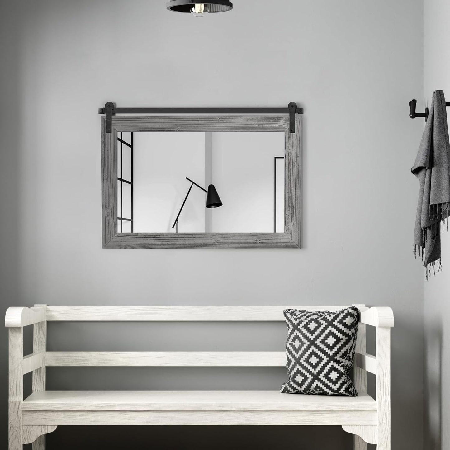 COGOOD Farmhouse Barn Door Mirror - 29" x 22" Rustic Wood Framed Wall Mirror for Bathroom, Living Room, Entryway Wall Decor (Grey)