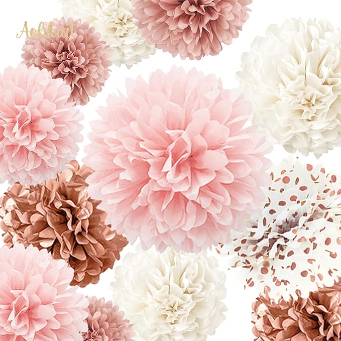 AOBKIAT Wedding Decorations Tissue Paper Pom Poms - 12 PCS Rose Gold Pink White Paper Flower Pom Pom Kit Decorations for Wedding Birthday Baby Shower Bachelorette Bridal Shower Party Supplies