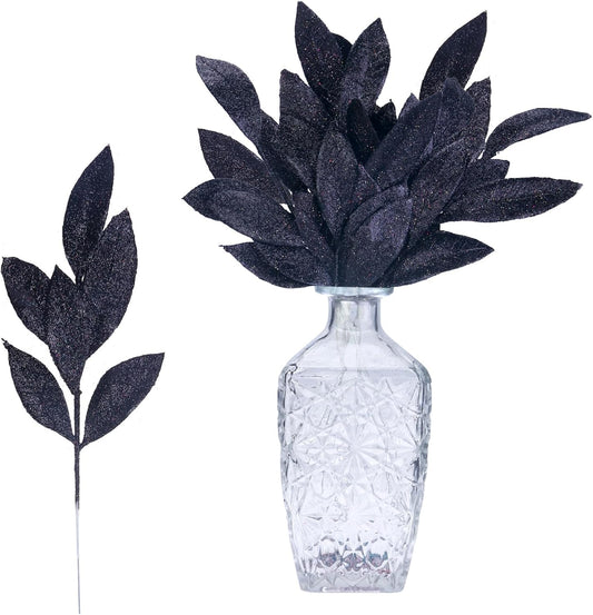 GREENTIME 12 Pack Artificial Black Glitter Leaves 13" Fake Decorative Glitter Sticks for Vase Christmas Tree DIY Wreath Crafts Fireplace Halloween Decor