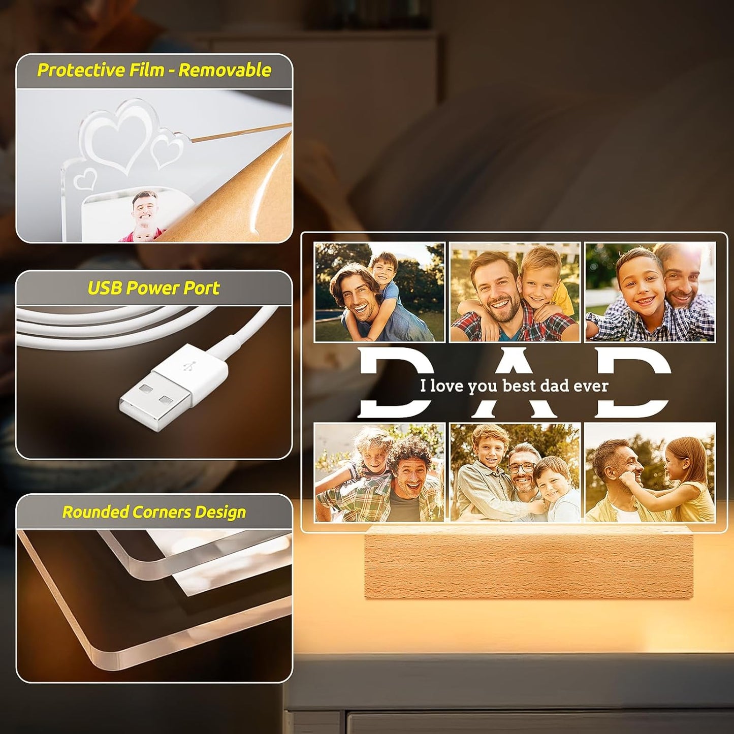 Personalized Birthday Gifts for Dad from Daughter Son, Custom Picture Frames with Photos, Customized Photo Frame with Night Light, Personalized Photo Gifts for Dad Baby Kid Family