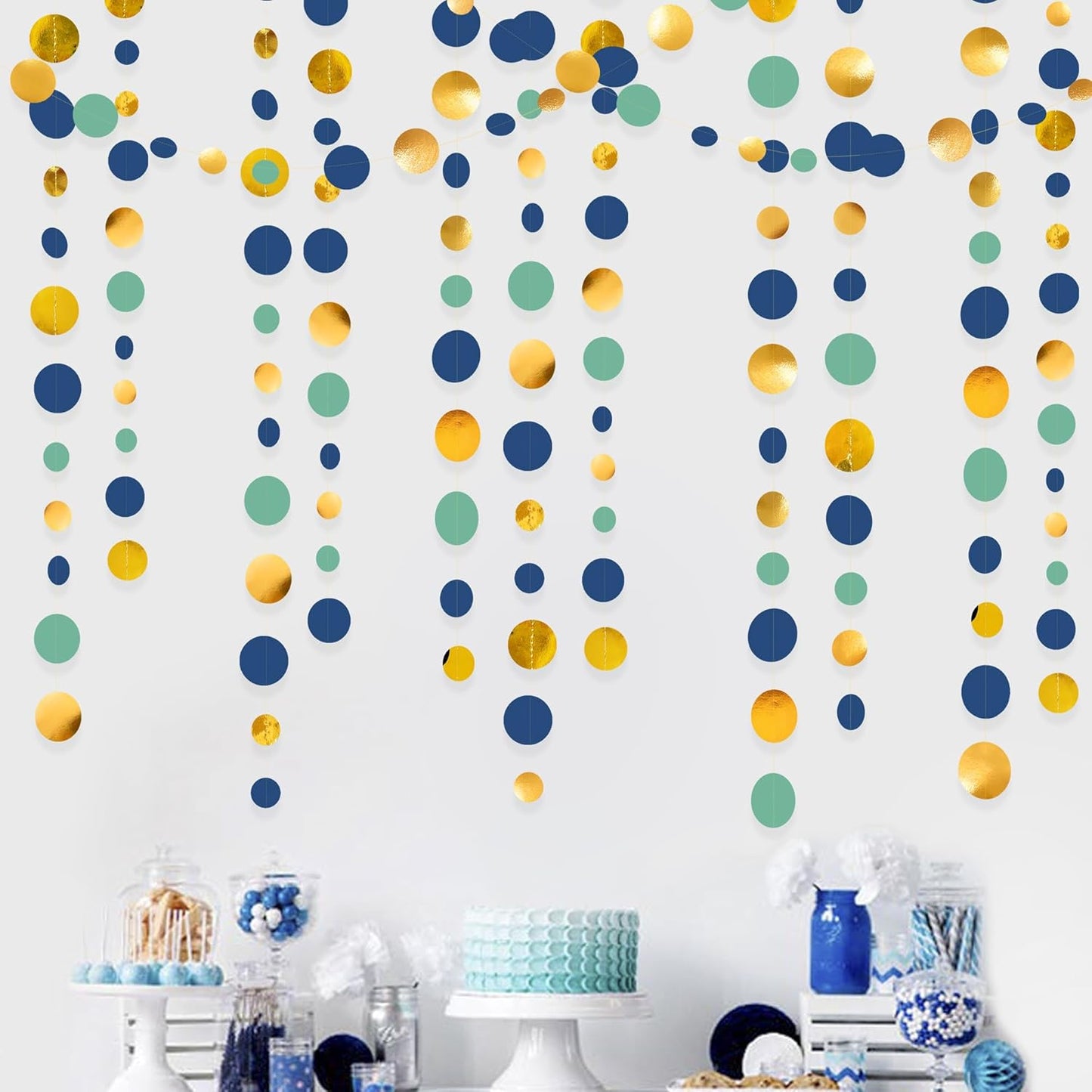 Blue Gold Green Decorations Circle Dots Garland Metallic Gold Navy Blue with Sage Green Hanging Polka Dot Streamer for Birthday Baby Shower Bridal Shower Wedding Bachelorette Engagement Party Supplies
