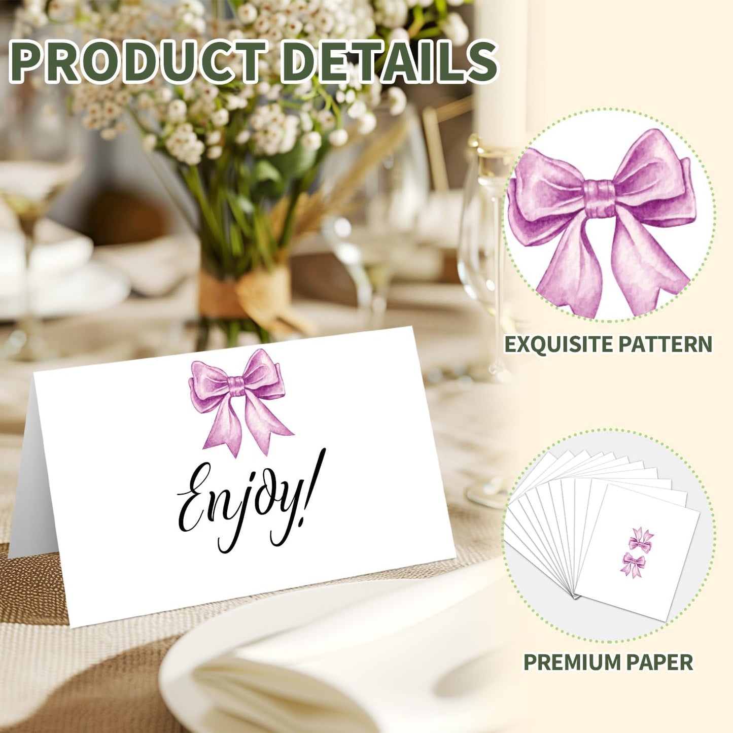 25 Purple Bow Place Cards for Table Seating, Watercolor Wedding Name Place Card, Tent Cards for Birthday Baby Shower Bridal Shower Reception Dinner Party Decorations -A26