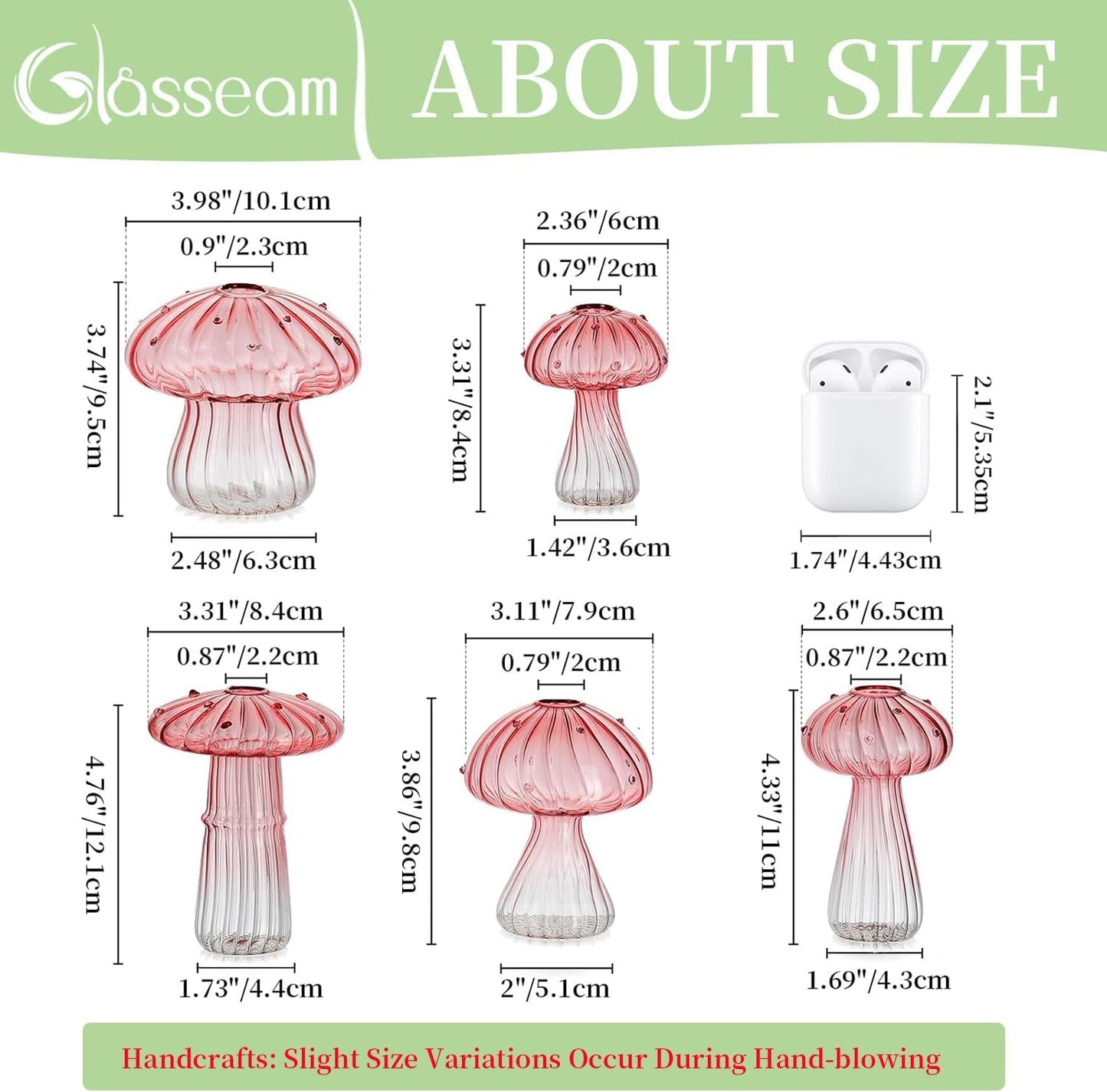 Glasseam Mushroom Plant Propagation Stations: Pink Glass Terrarium Jar Set of 5 Cute Planters for Indoor Plants Decorative Propagate Vase Unique Gifts for Women Home Office Decor