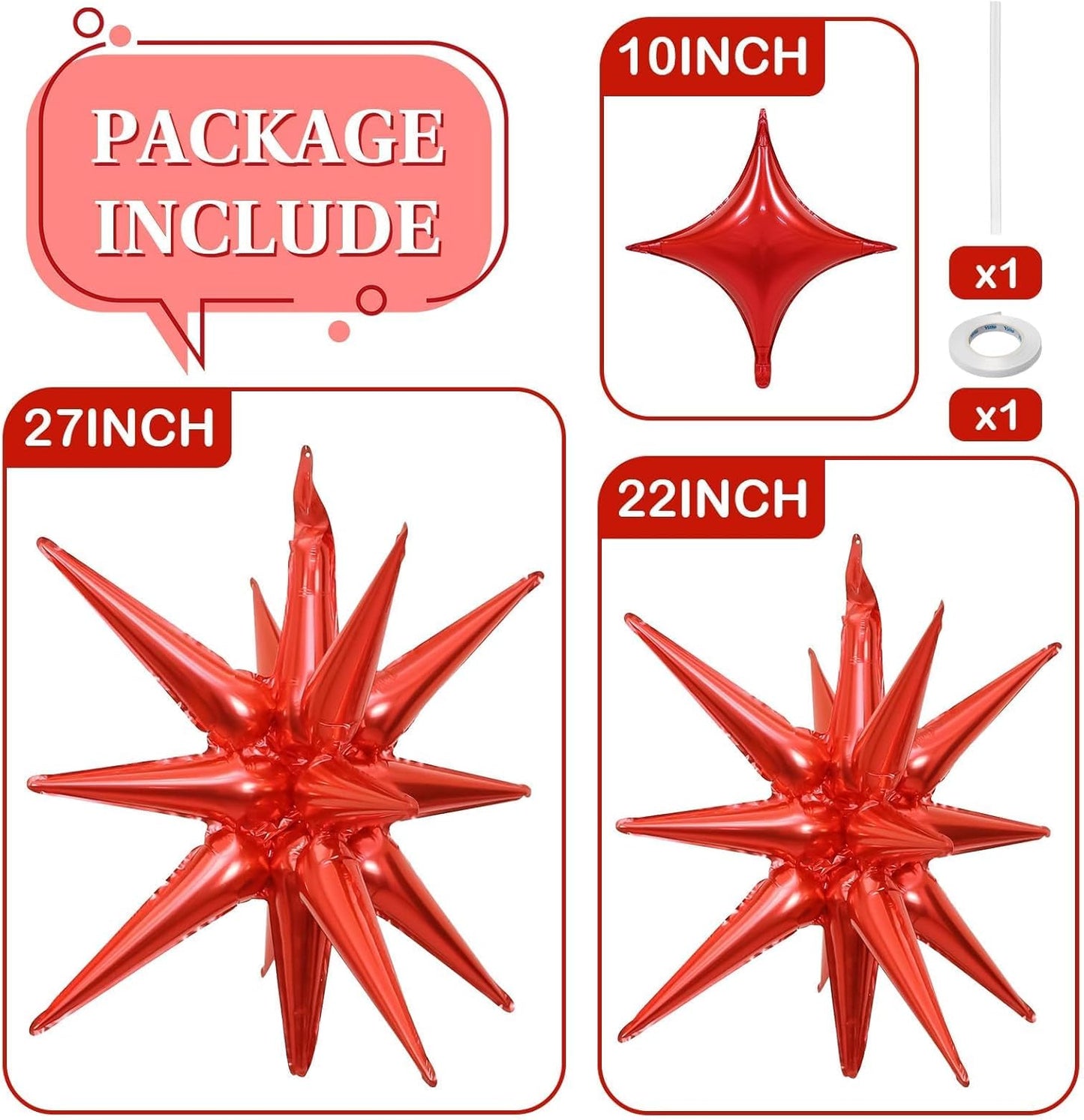 Red Star Balloons 12pcs, 27/22 Inch Foil Star Explosion Balloons, Large Spike Mylar Cone Balloon, Fireworks Shape Balloon Decor for Wedding Engagement Valentine's Day Christmas Birthday