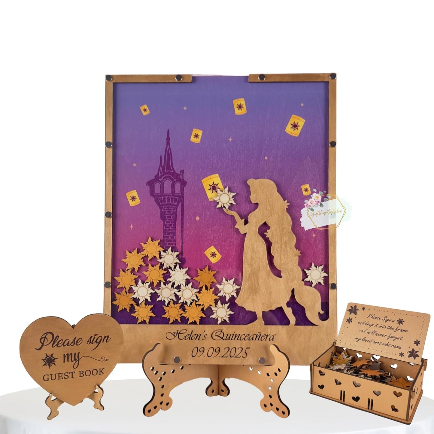 Princess Guest Book Alternative | Quinceañera Sweet XV Wooden Dropbox Frame with Lantern Tokens | Personalized Fairytale Guestbook Keepsake