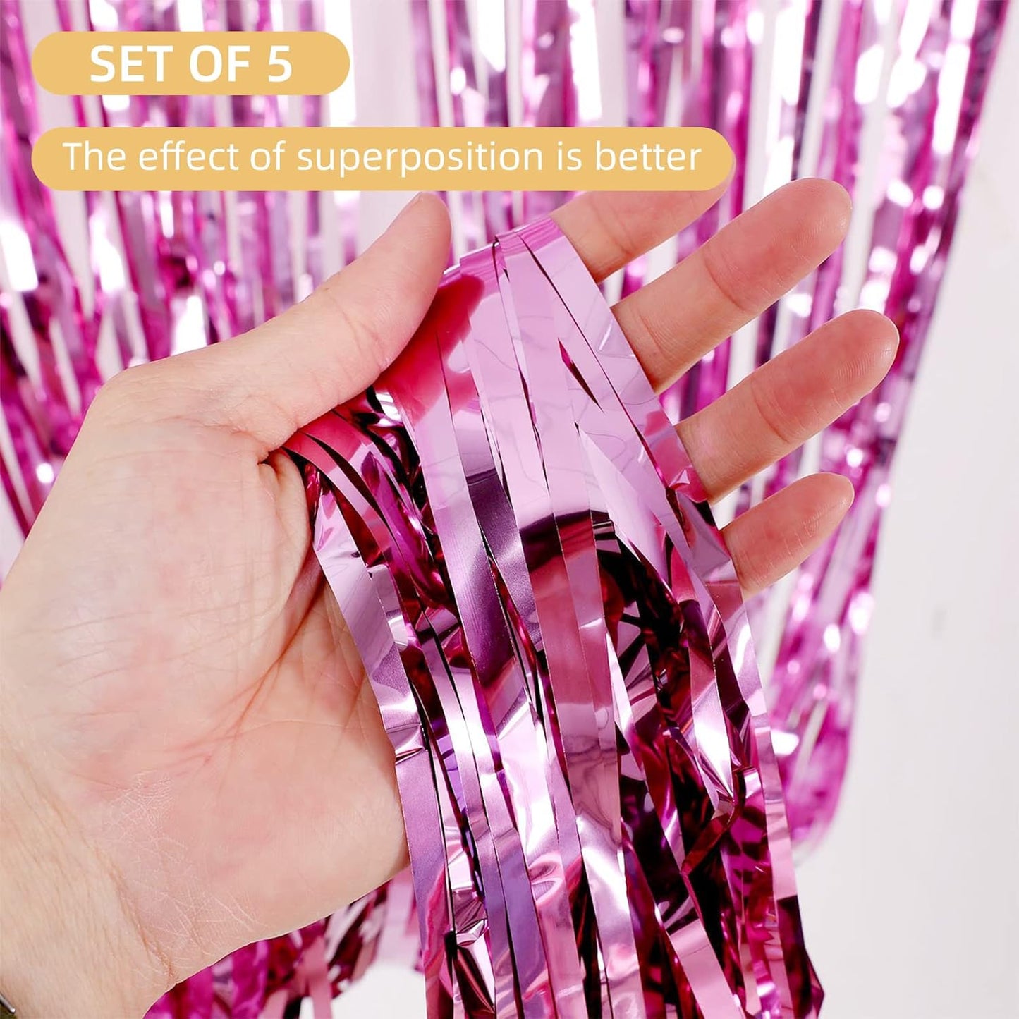 5 Pack Pink Fringe Foil Curtain 3.2ft x 8.2ft Tinsel Backdrop Streamers for Birthday Party Decoration Wedding Christmas Decoration