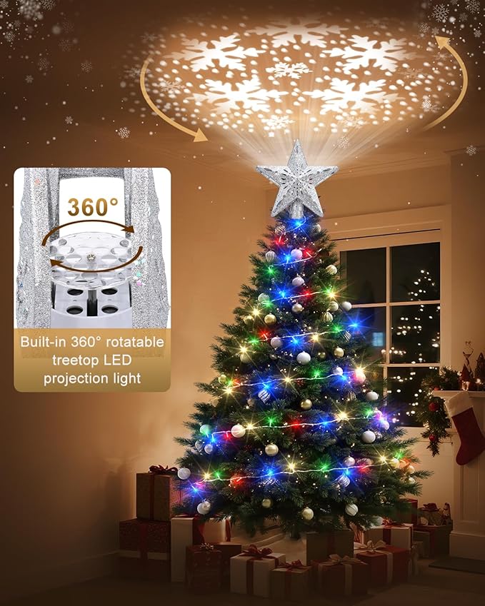 Christmas Tree Topper Star Lighted with Colorful Christmas Light Cord, Built-in 6 Projected Patterns, 3D Glitter LED Rotating Lights for Party Holiday Xmas Decorations Gifts (Silver)