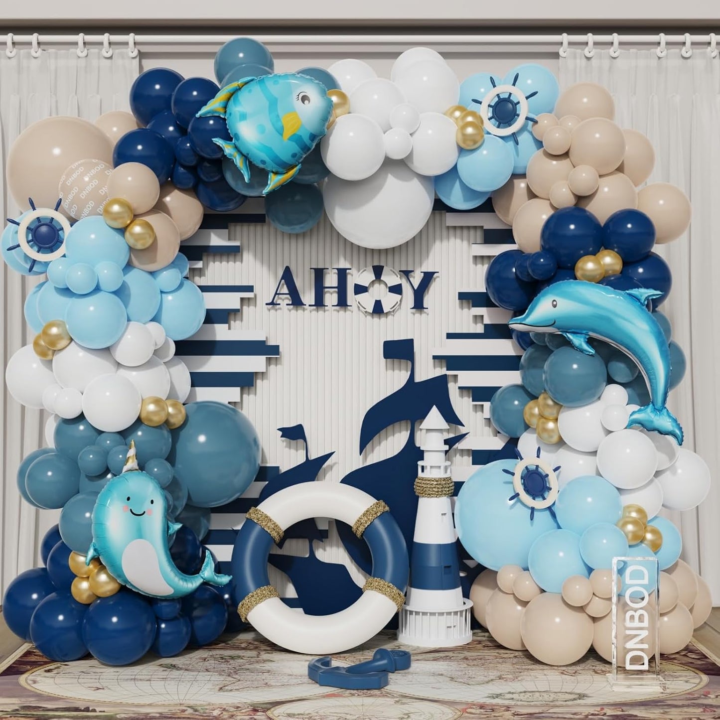 Nautical Balloon Arch Kit,154Pcs Navy Blue Sand White Gold Balloon Garland with Tropical Fish,Whale,Dolphin Foil Balloons for Sea Sailing Nautical Baby Shower Ocean Animals Birthday Party Decorations