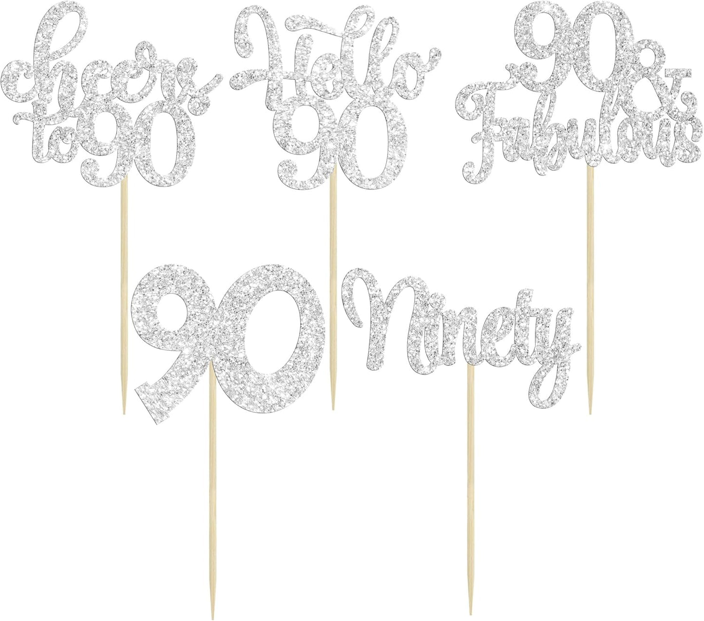 30pcs Happy 90th Birthday Cupcake Toppers - Silver Glitter Ninety Cheers to 90 Years Old Cupcake Picks for Anniversary Party Cake Decorations