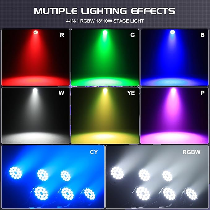 Stage Par Lights, 18X10W RGBW 4-in-1 LED DJ Par Can Light, Full Cast-Aluminum Party Uplight with Strobe Wash Effect by DMX512 & Sound Activated for Wedding Festival Event DJ Live Show - 2 Pack