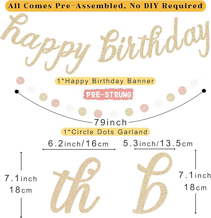 Pink Sage Green Happy Birthday Decorations, Pre-Strung Happy Birthday Banner with Honeycomb Balls, Paper Flowers, Lanterns, Hanging Swirls, Circle Dots Garland for Birthdays Party Decorations 24pcs