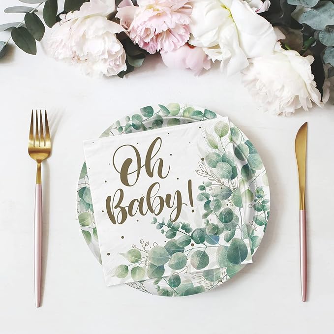 Sage Greenery Baby Shower Party Supplies Disposable Paper Plates Napkins Cups for Boho Greency Party Decorations, Serve 16.