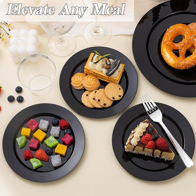 BESTSTAR 100PCS Black Plastic Plates Set, 50 10.25 inch Dinner Plates and 50 7.5 inch Dessert Plates, Premium Disposable Plates for Party, Wedding,Halloween