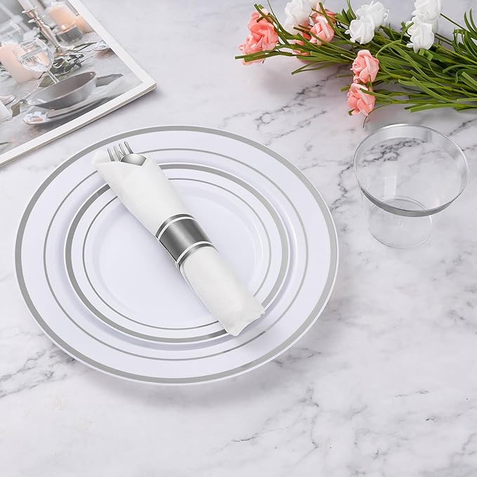 Goodluck 100 Pack Pre Rolled Silver Plastic Silverware, Wrapped Plastic Cutlery Set with Napkin Include 100 Forks, 100 Knives, 100 Spoons and 100 Napkins, Disposable Silverware for Party, Wedding