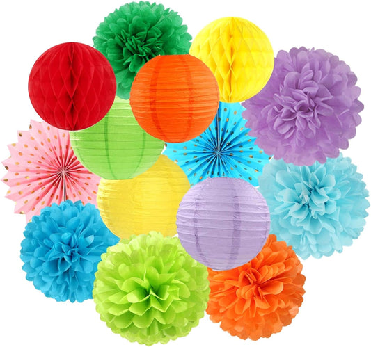 Rainbow Red-Orange Green-Blue Purple Party-Decorations - 14pcs Colorful Theme Paper Lanterns Fan,Tissue Pom Poms Streamers,Honeycomb Balls,Boy Girl Kids Birthday Baby Shower Wedding Supplies Ouruola