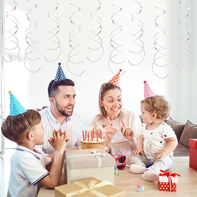 30 Pieces Silver Swirl Hanging Decorations, Shimmer Plastic Streamer Foil Swirls for Ceiling, Photo Booth Props Party Supplies for Birthday Wedding Baby Shower Engagement Disco Holiday Decorations