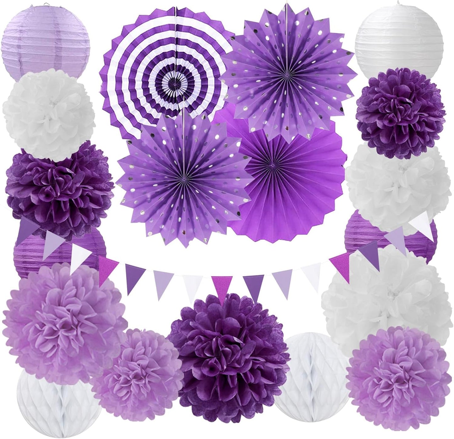 Lavender-Purple White Graduation Party Decorations - 20pcs Paper Lanterns Fans,Tissue Pom Poms,Honeycomb Balls,Birthday Wedding Bridal Baby Shower Engagement Bachelorette Decor Burgleda