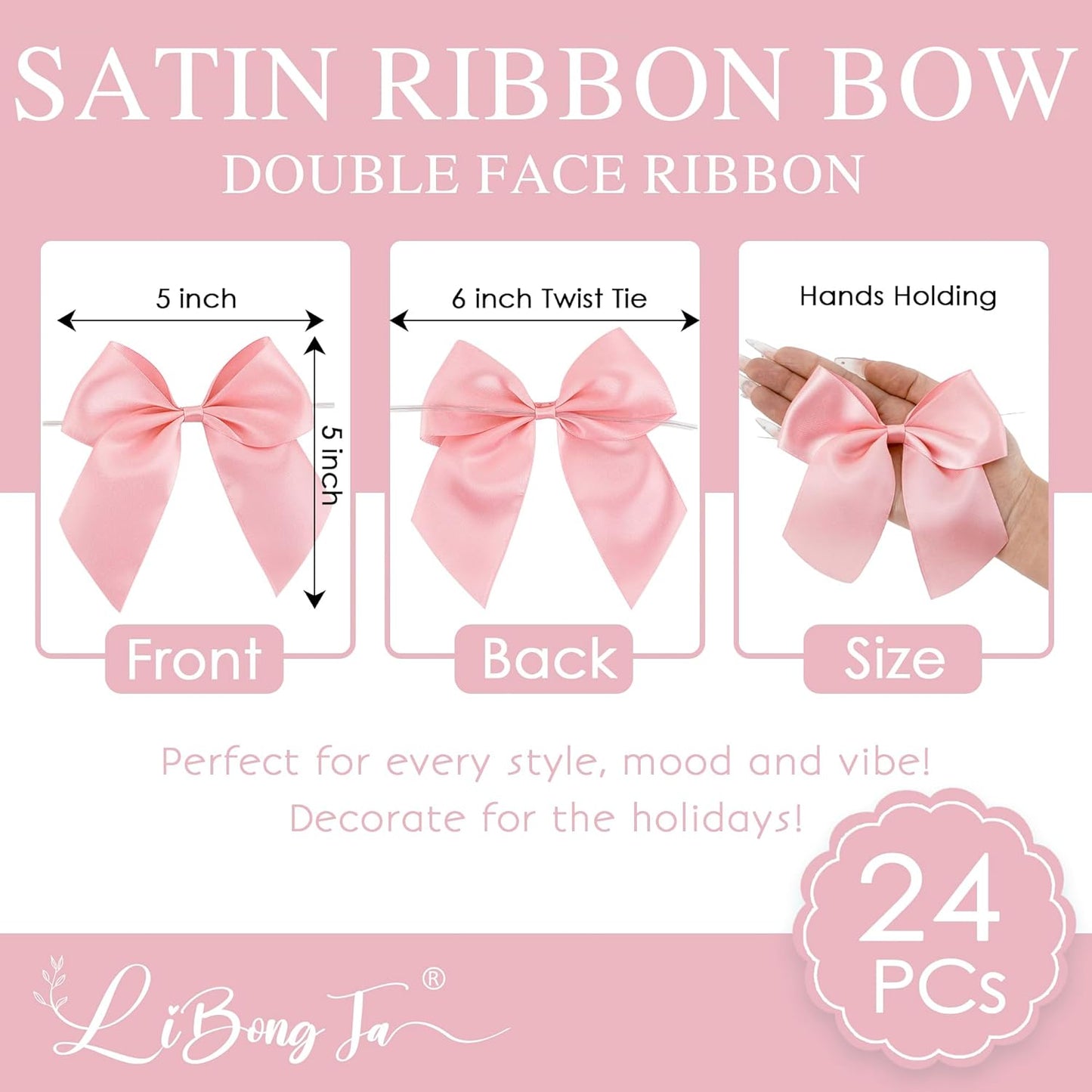 5'' Pink Bow Party Decorations Satin Bows, Twist Tie Bows for Treat Bags, Cake Pops, Pre-Tied Bow Premade Ribbon Bows for Crafts, Holiday Bows for Gift Wrapping, Wedding Decor-24 Counts