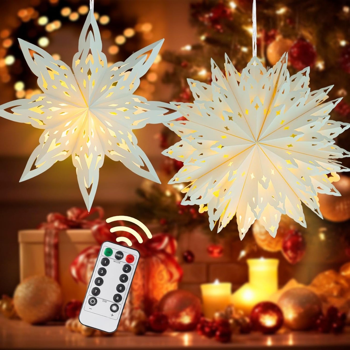 Christmas Paper Snowflake Lanterns, 2 Pack Christmas Paper Star Lantern with LED Light White Hanging Lamp Ornaments for Xmas Tree New Year Winter Frozen Weddings Birthday Holiday Party Decorations