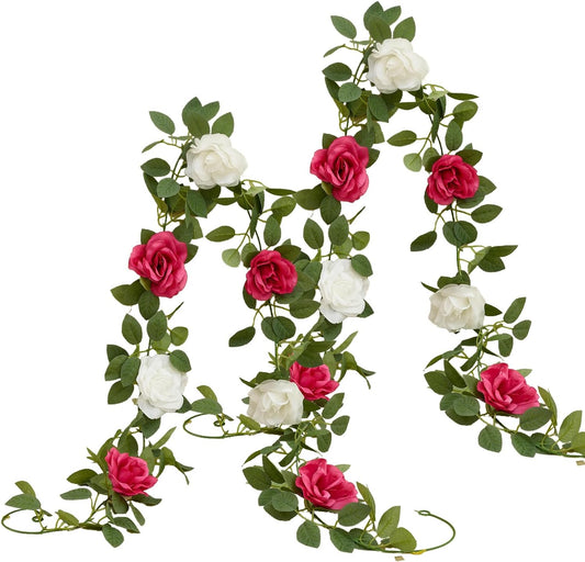 Artificial Rose Garlands Rose Vines Leaves Banners Hanging Floral Garland Fake Rose Flower Vine Wall Decorations, Hot Pink