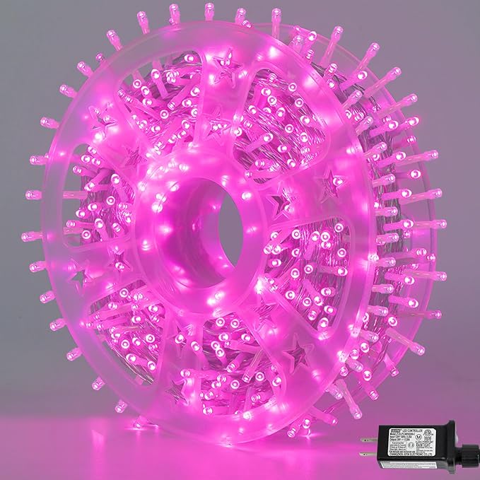 YEGUO Pink Christmas Lights Outdoor Waterproof, 165ft 500 LED String Lights Indoor, 8 Modes Clear Wire Fairy Light Plug in for Party Tree Valentines Wedding
