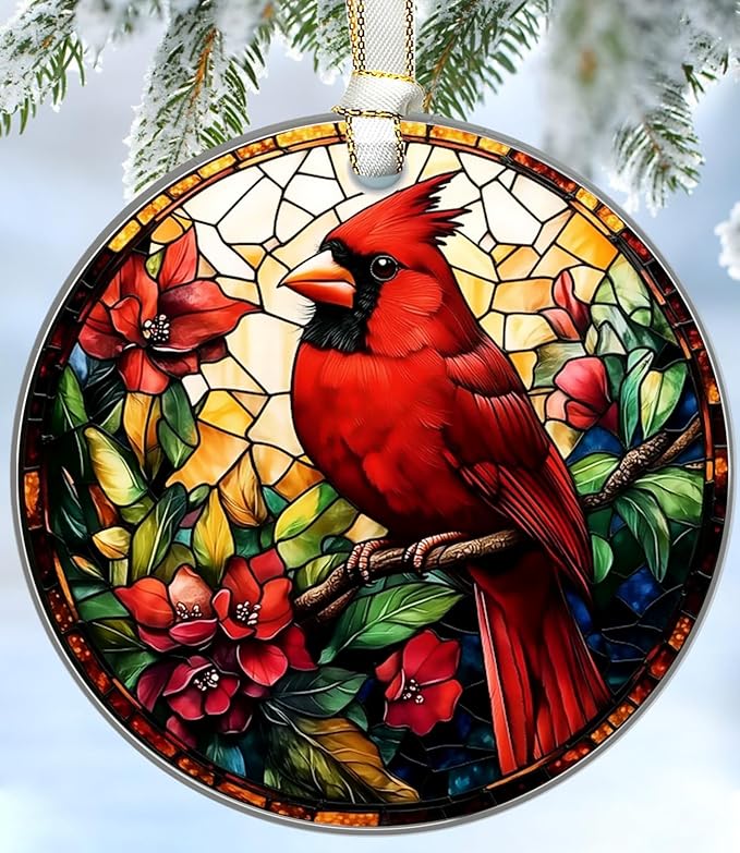 Cardinal Christmas Ornaments 2025, Stained Glass Christmas Tree Decorations, Exchange for Women, Men, Collectible Dated Year Ornaments for Tree - Glass Hanging Ornament