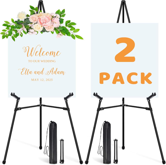 2Pcs Easel Stand for Sign - 63" Display Easel for Wedding Sign Stand Poster Stand, Lightweight Poster Easel for Painting, Folding Portable Easel Stand with Carrying Bag, Black