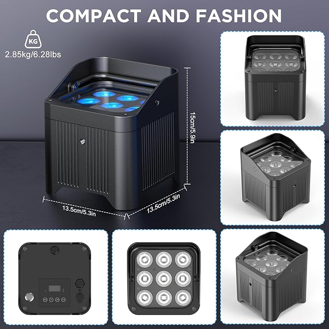 9LED Battery Powered Stage Lights Wireless Uplights Rechargeable Strobe Par Light 9600mAh RGBWAUV 6in1 with APP DMX Stage Uplighting for Events Wedding Party DJ Show Church (6 Packs with Flightcase)