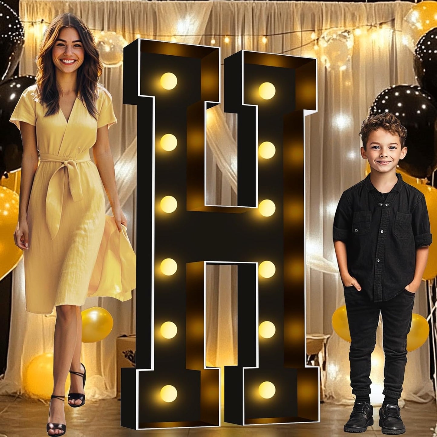 Pooqla 4 FT Marquee Light Up Letters, Giant LED Sign Black Marquee Letter Lights 4 Feet Tall, Big Mosaic Letters for Balloons Birthday Party Anniversary Wedding Decorations, Warm White H