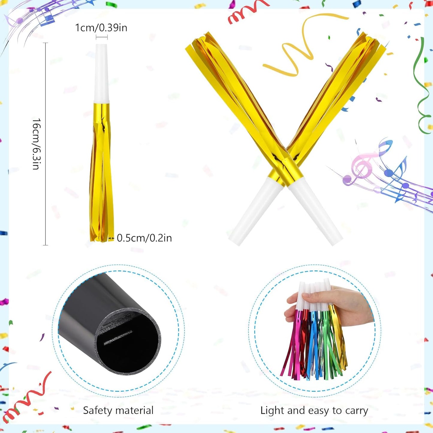 48 Pcs Gold Noise Makers Glitter Metallic Fringed Noise Makers Horns for Baby Shower, Kids Birthday, New Year Party Favor - Multicolor