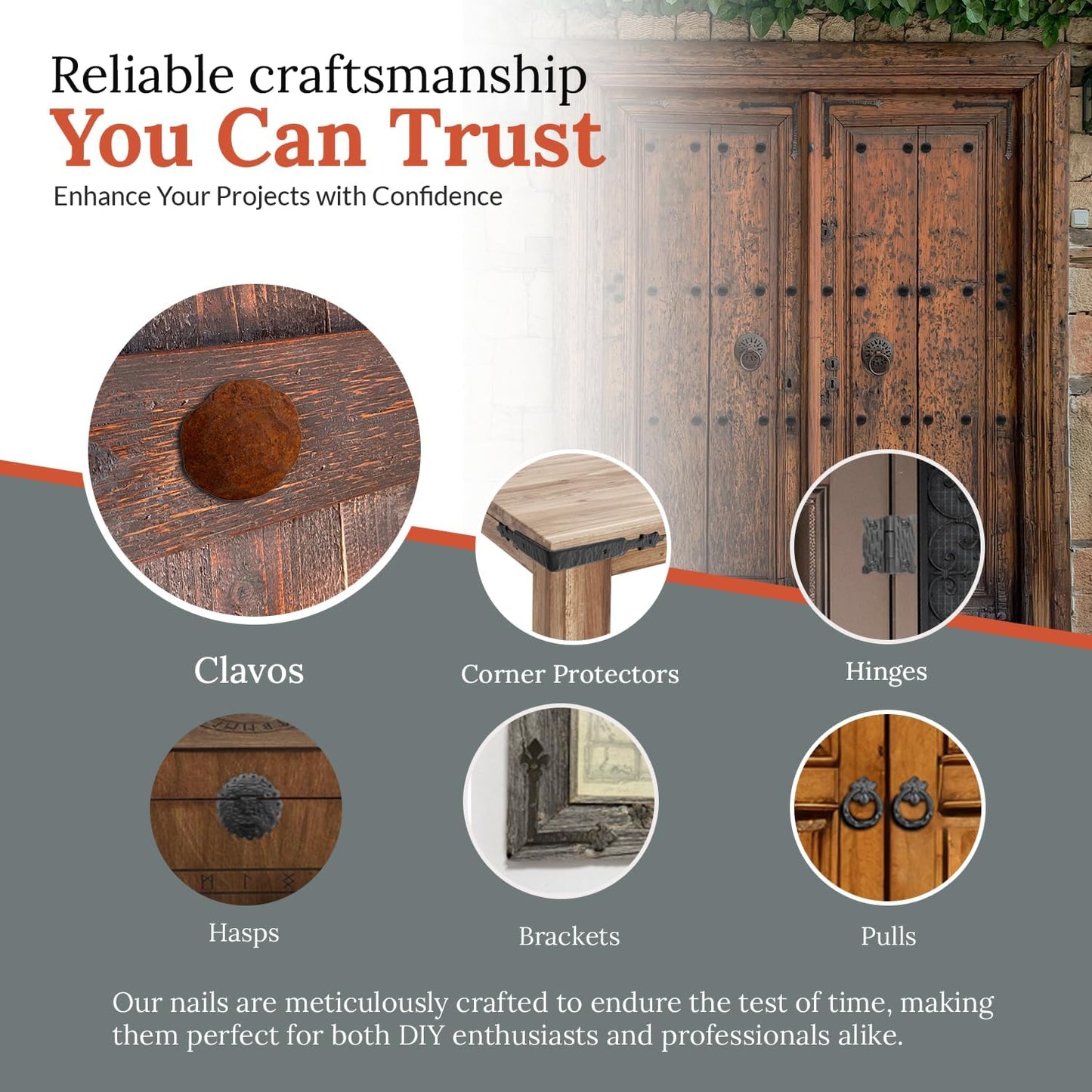 50 Pack 1" Small Round Head Iron Clavos Decorative Nails – Rusted – Handmade Rustic Round Fasteners for Farmhouse Shutter, Faux Wood Beams, Barn Door, Shutters, and Gates – Ornamental Wood Accent