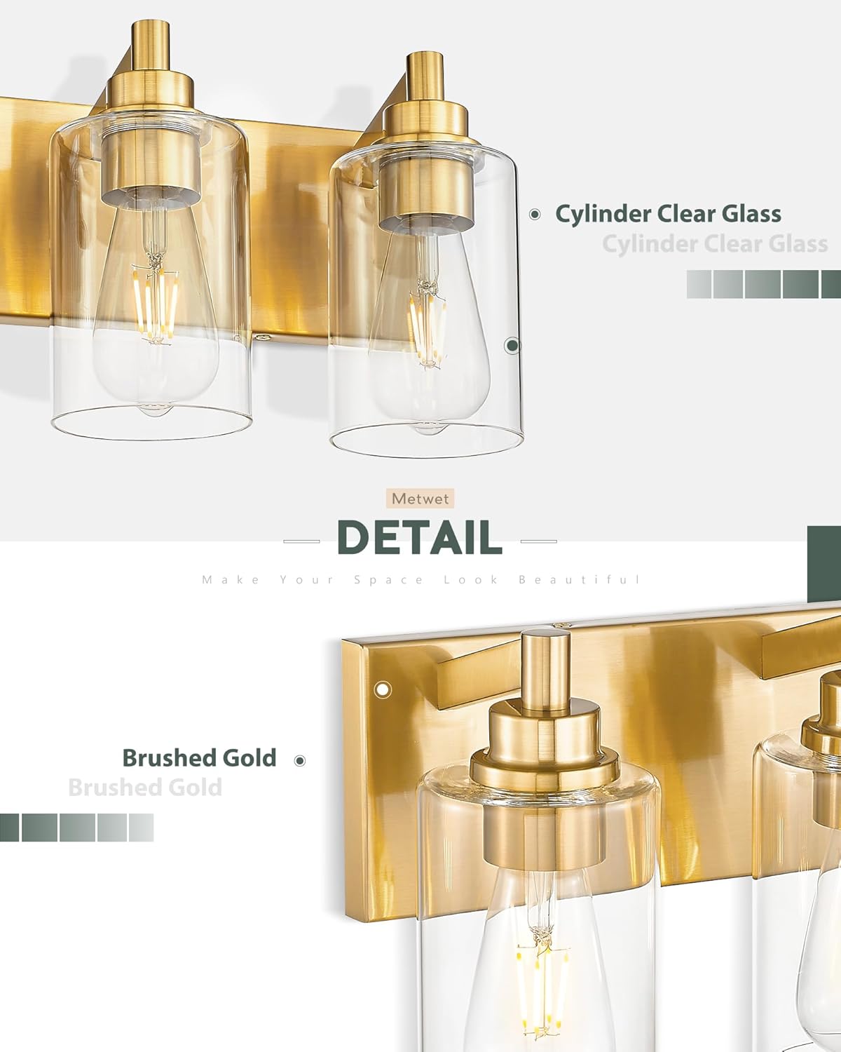 3-Light Bathroom Light Fixtures, Brushed Gold Vanity Light with Cylinder Clear Glass Shade, Modern Vanity Lighting Fixtures Over Mirror, VL143-BG-3