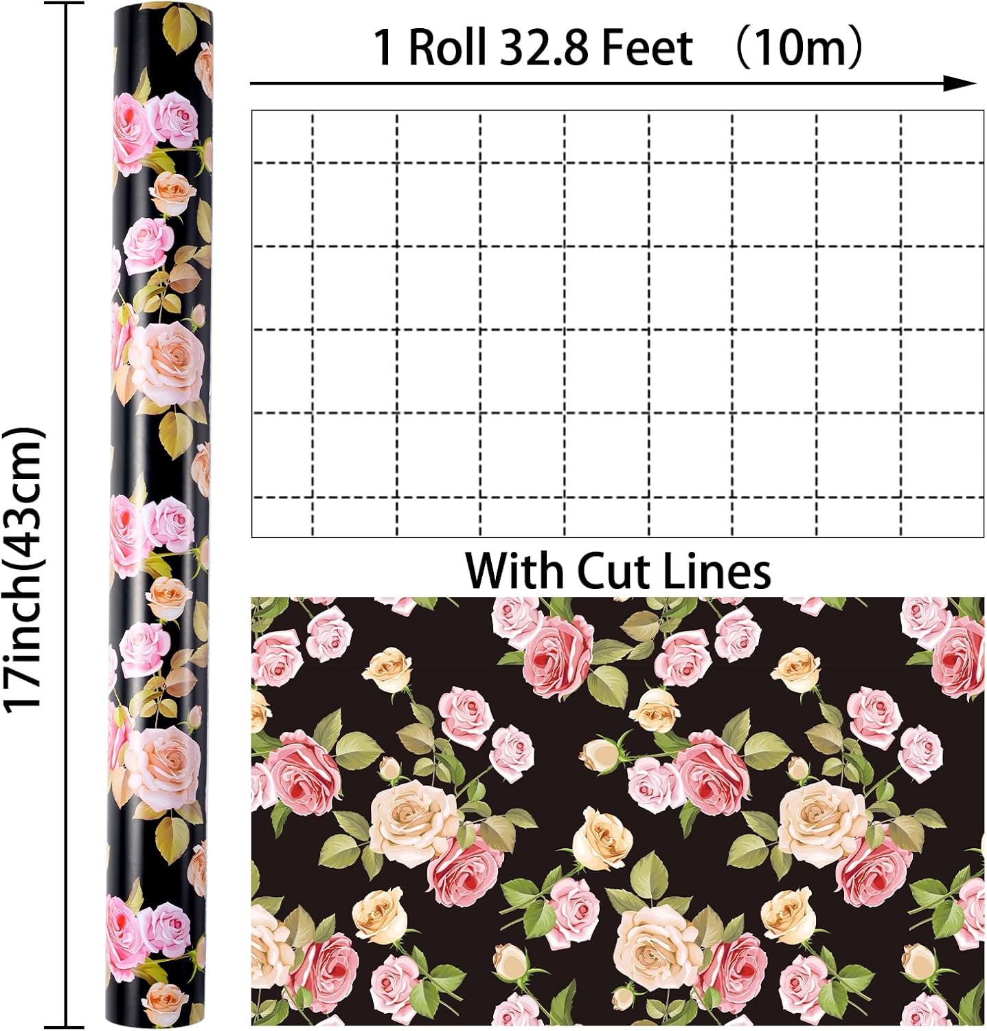 Ulmasinn Floral Wrapping Paper Roll - 17 Inches x 33 Feet - Vintage Romantic Pink Rose Flower Gift Wrap with Cut Lines for Wedding, Birthday, Bridal Shower, Mother’s Day