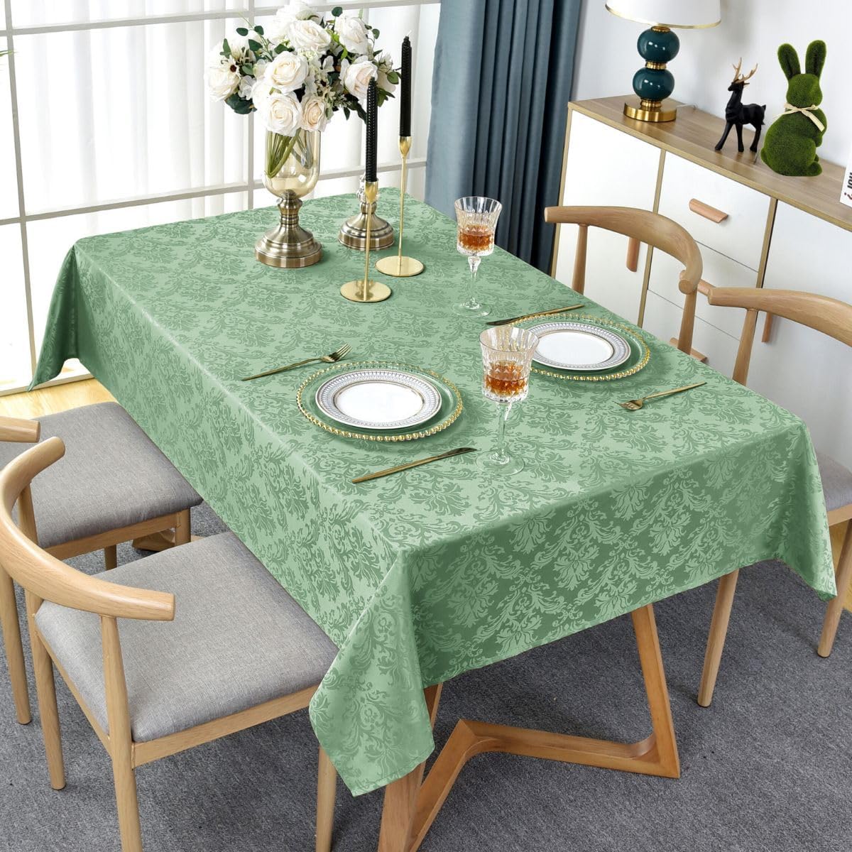 SASTYBALE Summer Tablecloth Rectangle, Spill-Proof Wrinkle Resistant Jacquard Fabric Table Cloth, Soft Polyester Damask Table Cover for Parties, Picnic, Dinner(60 * 102 inch, Light Green)