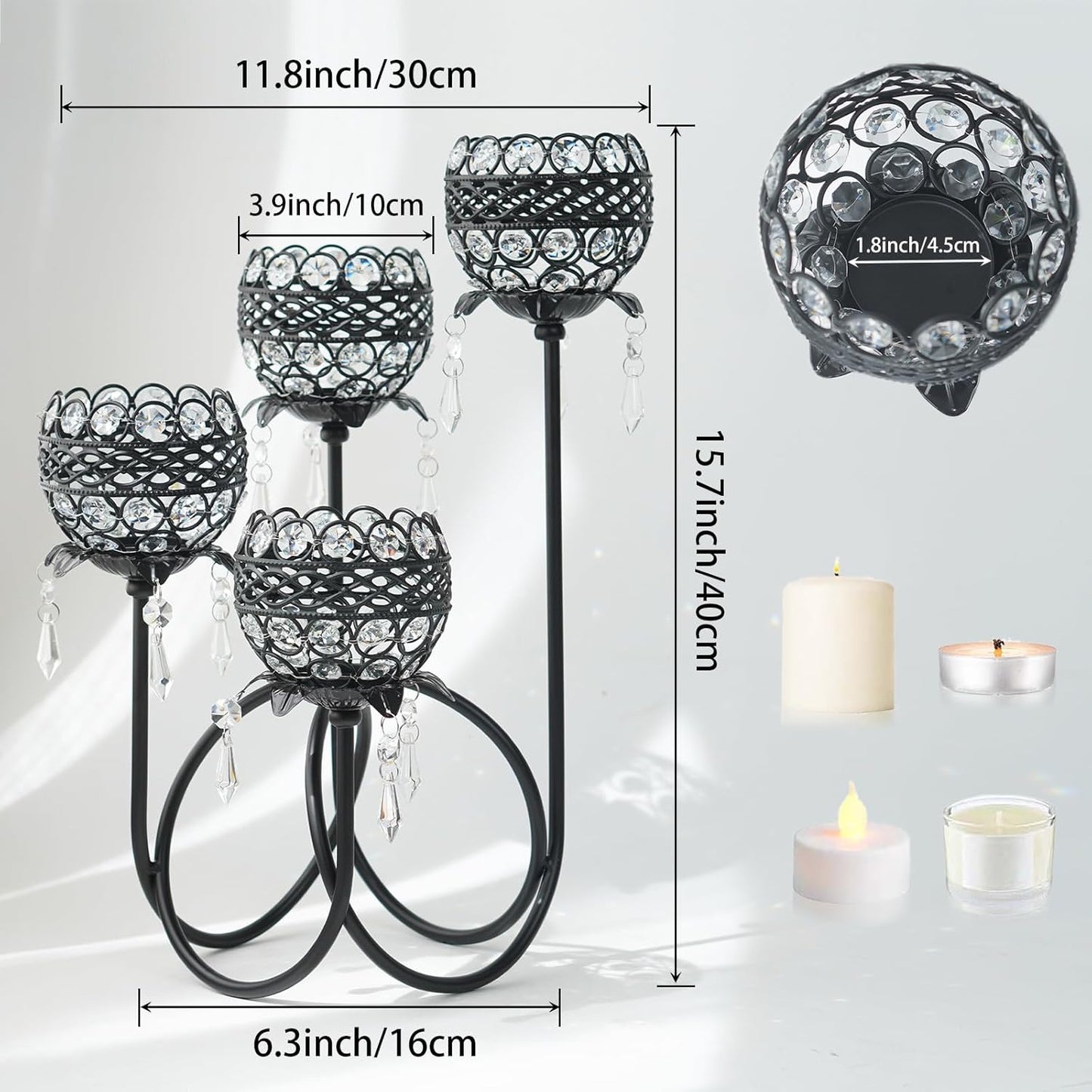 4 Arms Crystal Candelabra Tealight Holder - Tall 15.7 Inch Elegant Centerpiece with Crystal Pendant Bowls & Artistic Metal Stand for Wedding, Dining Table, Home Decor (1, Black)