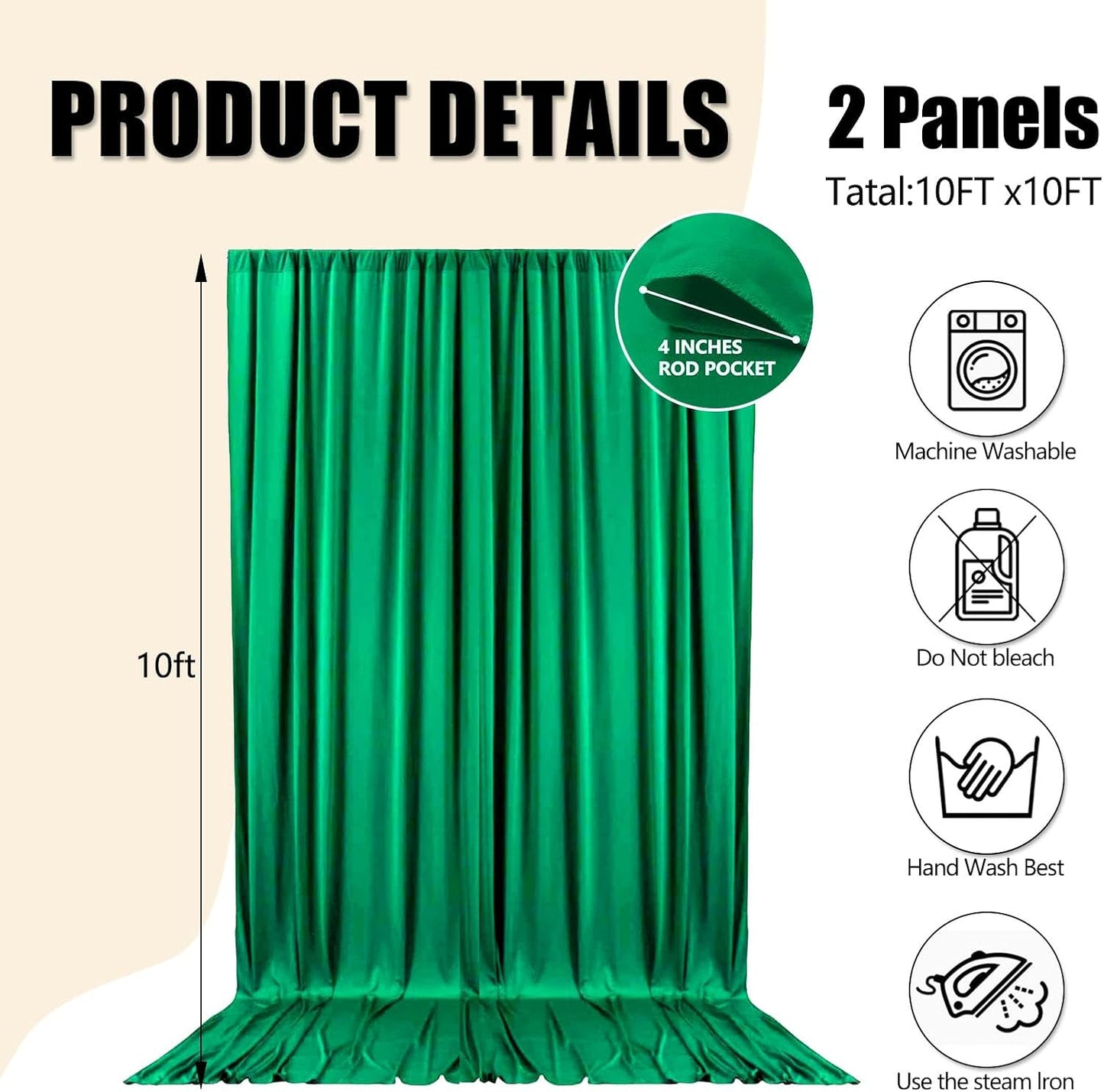10ft x 10ft Deep Green Backdrop Curtains for Parties, Fabric Satin Background Curtain with Rod Pockets for Weddings, Birthday, Baby Shower, Photography, Graduation Party Backdrop Drapes, 2 Panels