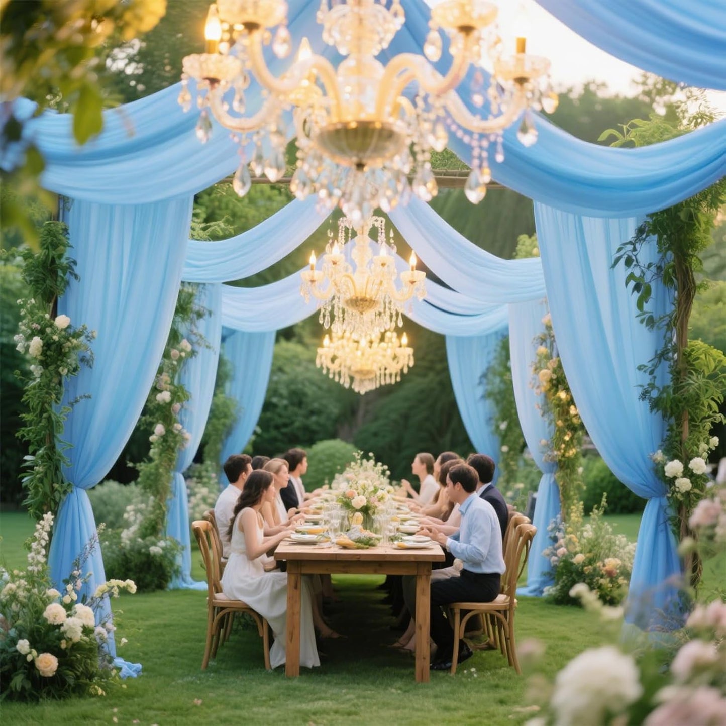 VOK Blue Wedding Arch Draping Fabric Chiffon Fabric, 29in x 18Ft 2 Panels Sheer Chiffon Outdoor Curtain for Wedding Ceremony Birthday Party Decoration (Blue,2 Panel)