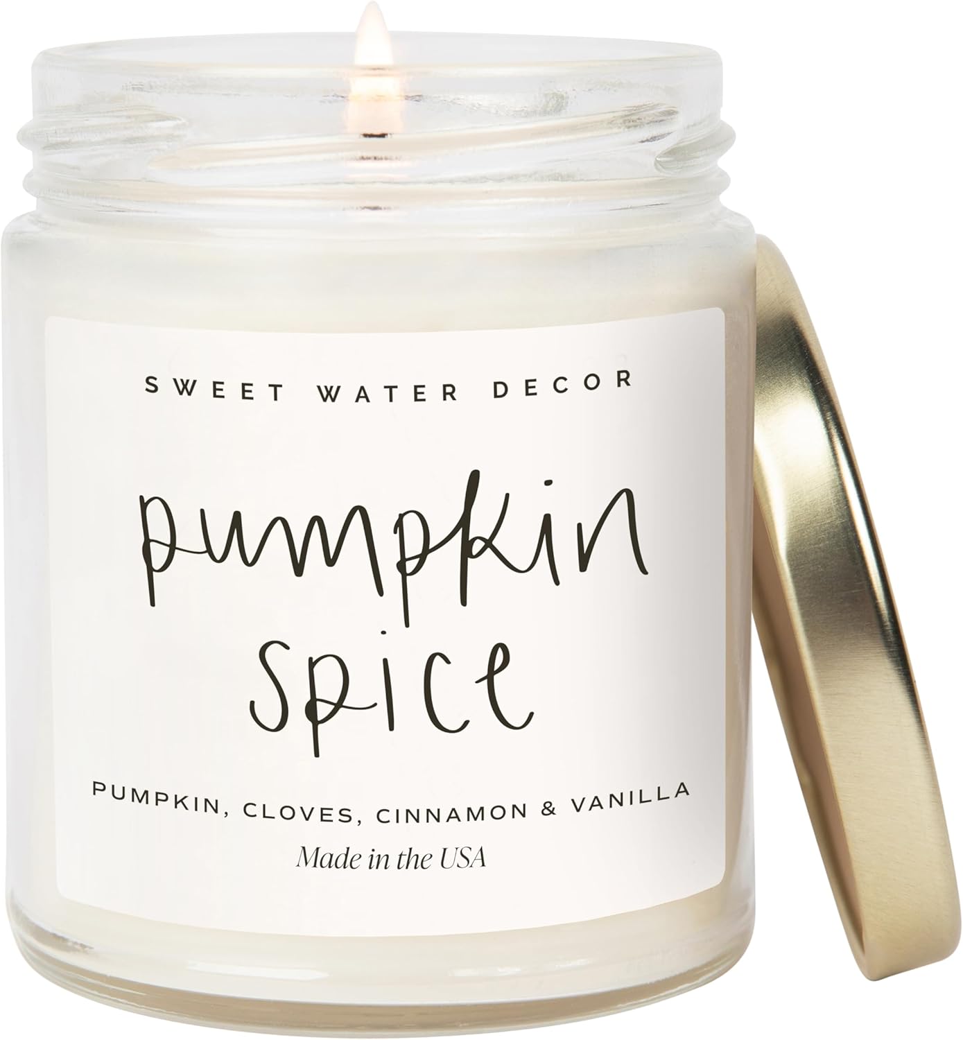 Sweet Water Decor Pumpkin Spice Candle - Fall Candles with Pumpkin, Clover, Cinnamon & Vanilla Scent for Home - Autumn Candle with 40 Hours Burn Time - 9Oz Gold Lid Clear Jar Cozy Soy Candles