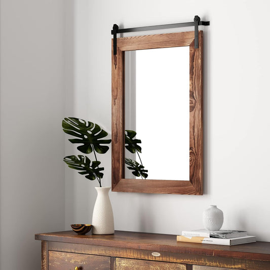 COGOOD Farmhouse Barn Door Mirror - 26" X 17" Rustic Wood Framed Wall Mirror for Bathroom, Living Room, Entryway Wall Decorative (Brown)
