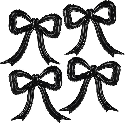 4pcs Black Bow Foil Balloons Bow Mylar Balloon Set for Coquette Birthday, Bridal Shower, Bachelorette Party, Martini Decor supply,Cheetah,Black and White Bow Theme Party Decorations