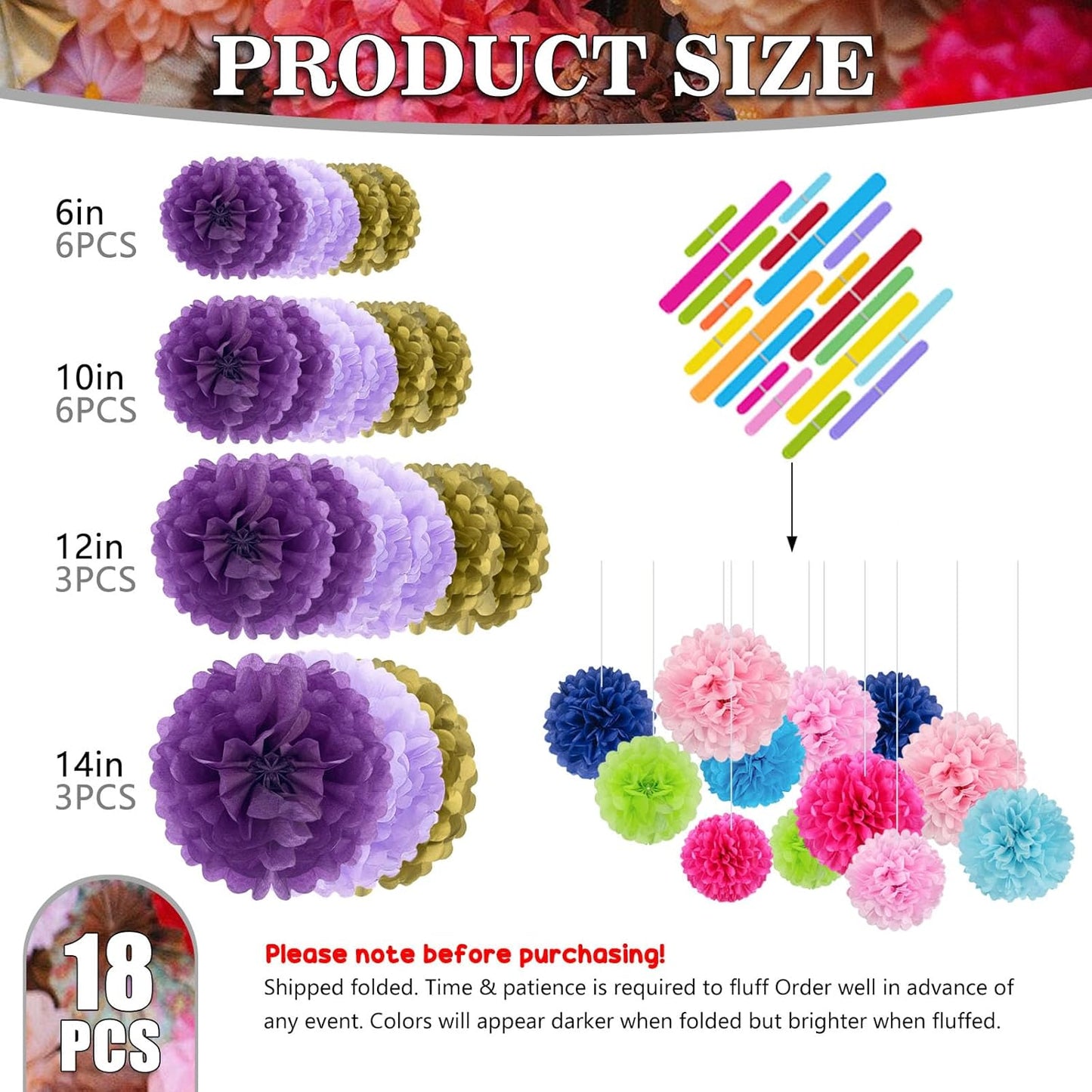 Tissue Paper Pom Poms, Purple Gold Tissue Paper Flowers, Hanging Flower Balls for Weddings Fiesta Parties Birthday Baby Showers Classroom Bridal Shower Decoration (18Piece Set-6/10/12/14Inch)