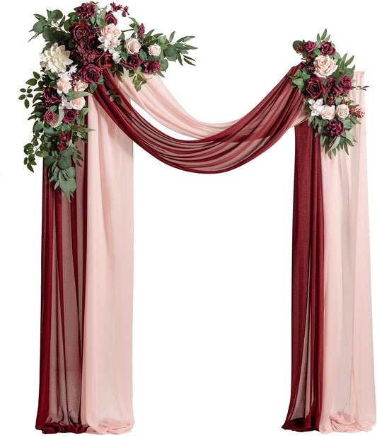 Ling's moment Red Pink Blush Artificial Wedding Arch Flowers Kit Pack of 4, 2pcs Hanging Flower Arrangement 2pcs Chiffon Drapes Ceremony Reception Fake Rose Arbor Backdrop Floral Party Outdoor Decor