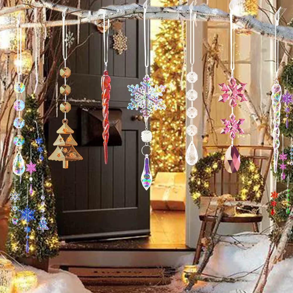 Lanpn 26 Pcs Christmas Ornaments Crystal Christmas Tree Decoration, Hanging Clear Acrylic Snowflake Icicle Drop Pendants for Xmas Winter Outdoor Indoor Party Decoration Pink