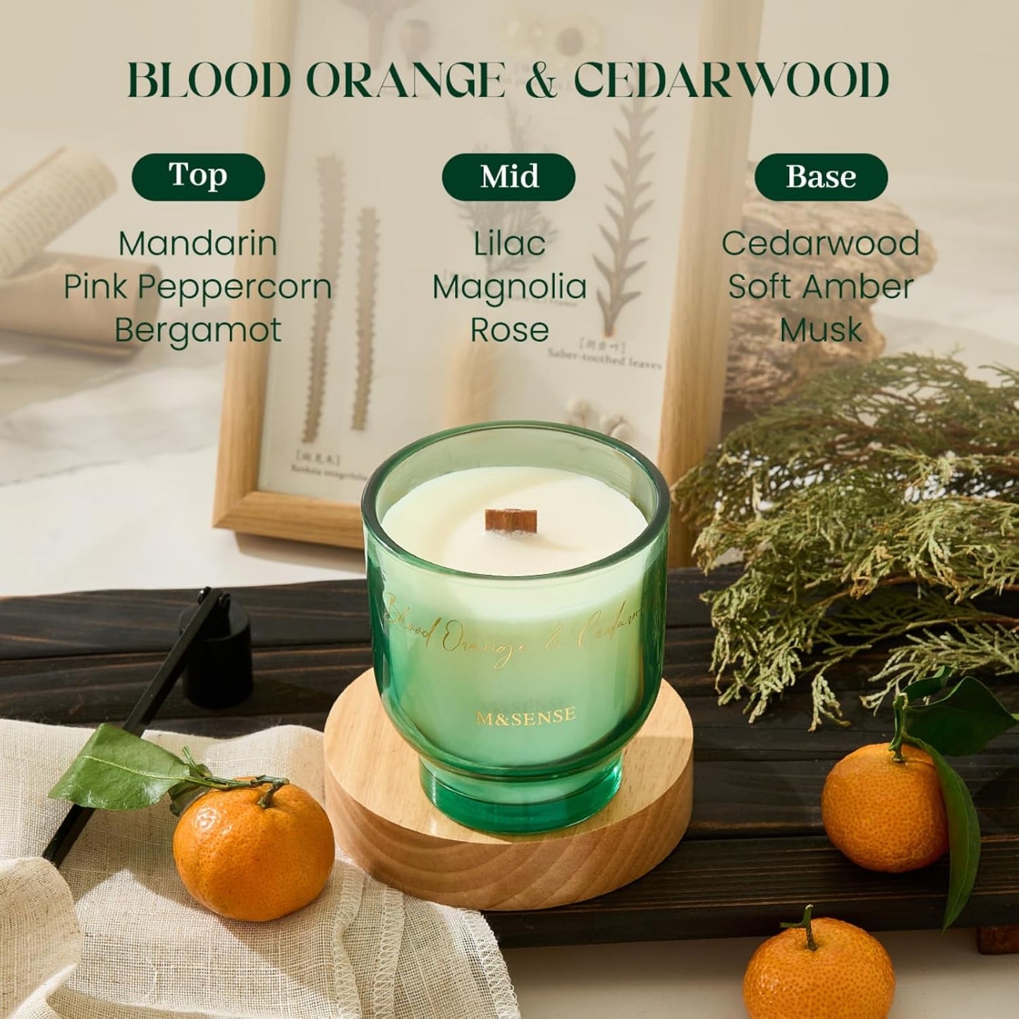 M&SENSE 9.88oz Natural Soy Wax Jar Candle with Wooden Wick | Blood Orange & Cedarwood Scent | 55-Hour Burn & Long-Lasting Burn | Housewarming Gift for Men and Women