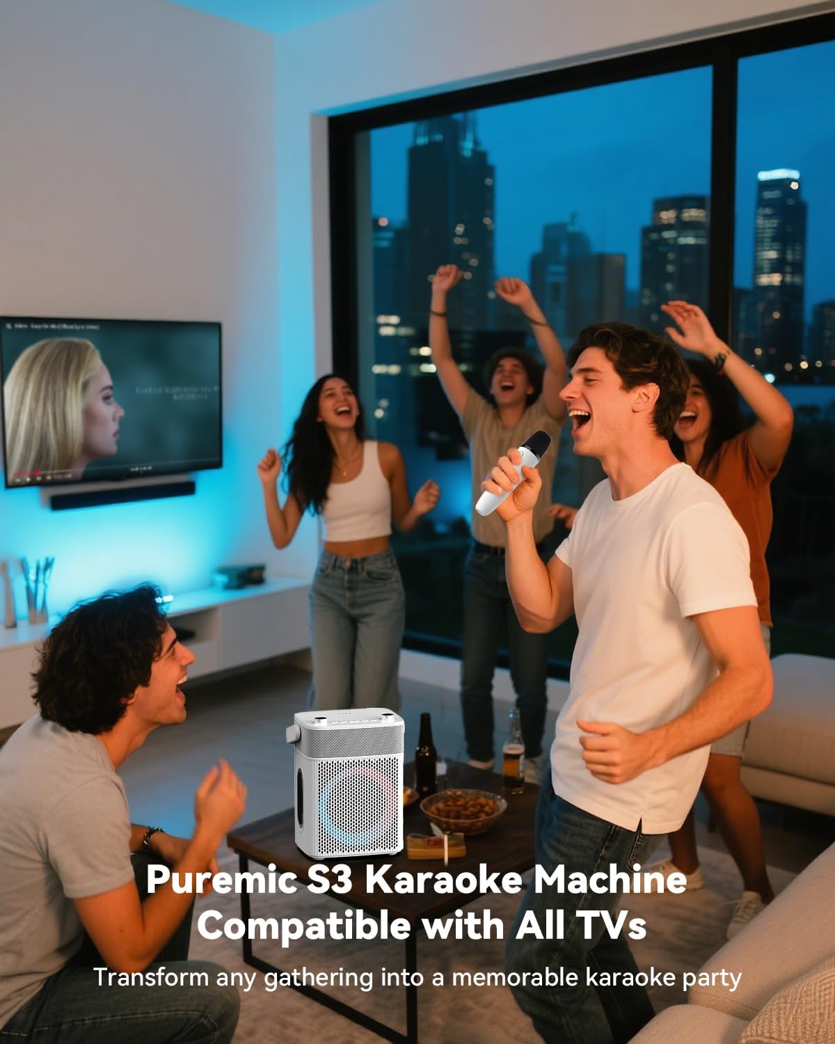 Karaoke Machine with 2 UHF Wireless Microphones with Leather Bag, IPX4 Waterproof Portable Bluetooth Speaker with Lights for Adults, Outdoor Karaoke Speaker Support Bluetooth/AUX/USB/PC (White)