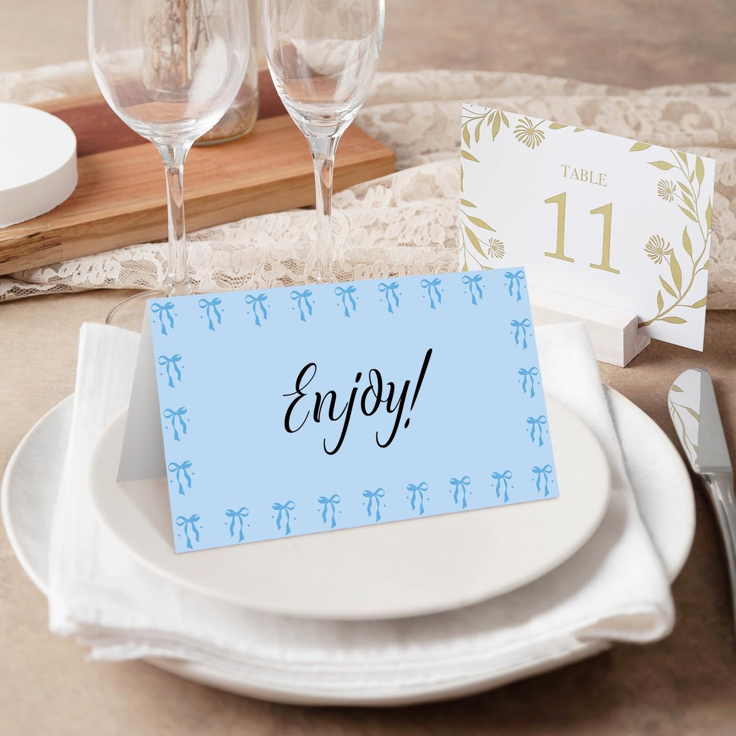 25 Bow Place Cards for Table Seating, Blue Wedding Name Place Card, Tent Cards for Birthday Bridal Shower Baby Shower Reception Dinner Party Decorations -A20