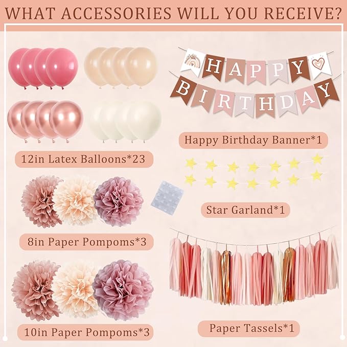 Birthday Decorations for Women, Retro Blush Pink Party Balloons Boho Happy Birthday Banner Paper Pompoms Tassel Garland, Neutral Rustic Birthday Party Décor Supplies Girls Boys Adults