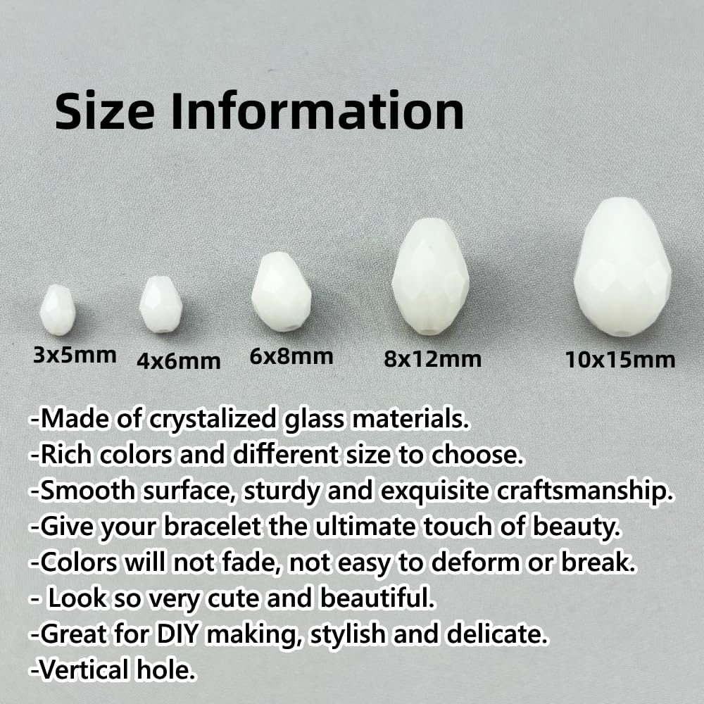 150pcs 4x6mm Teardrop Crystal Glass Beads for Jewelry Making, Faceted Vertical Hole Teardrop Glass Spacer Beads for Wind Chimes Bracelet Earring Necklace DIY Craft(White)