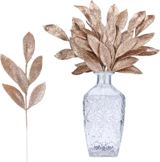 GREENTIME 12 Pack Artificial Champ Glitter Leaves 13" Fake Christmas Picks Decorative Glitter Sticks for Vase Christmas Tree DIY Wreath Crafts Fireplace Decor